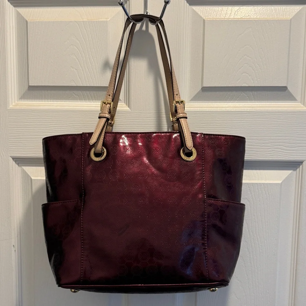 Michael Kors Burgundy Patent‎ Leather Monogram Tote Bag